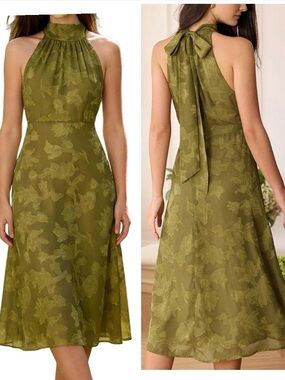 Rihoas Olive Green Halter Midi Dress with Tie Back